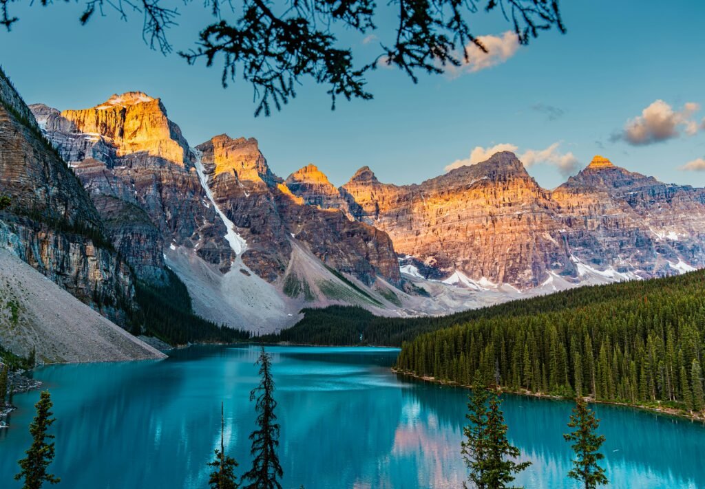 Breathtaking view of Moraine Lake with surrounding mountains in Banff National Park.