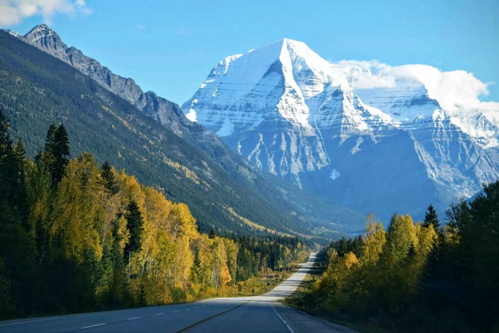 Stunning autumn scene with a road leading to a snow-capped mountain under a clear blue sky.