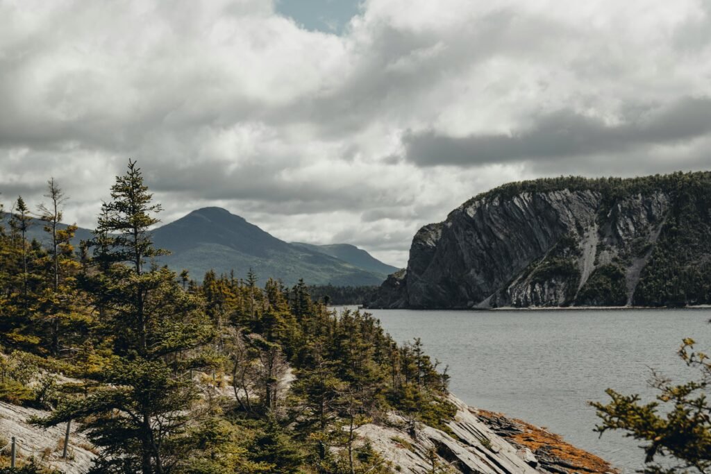 Captivating landscape of Norris Point, Newfoundland with mountains, forest, and serene lake under an overcast sky.