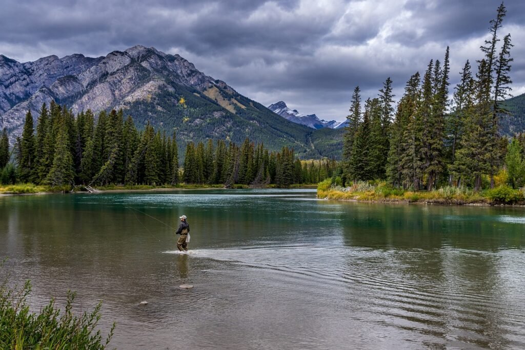 river, fishing, mountains, fisherman, man, water, trees, cloudy, national park, rocky mountains, mountain range, scenic, nature, bow river, banff national park, banff, alberta, canada, fishing, fishing, fishing, fishing, fishing, canada