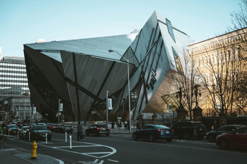 Dynamic city scene featuring the Royal Ontario Museum in Toronto, Canada.