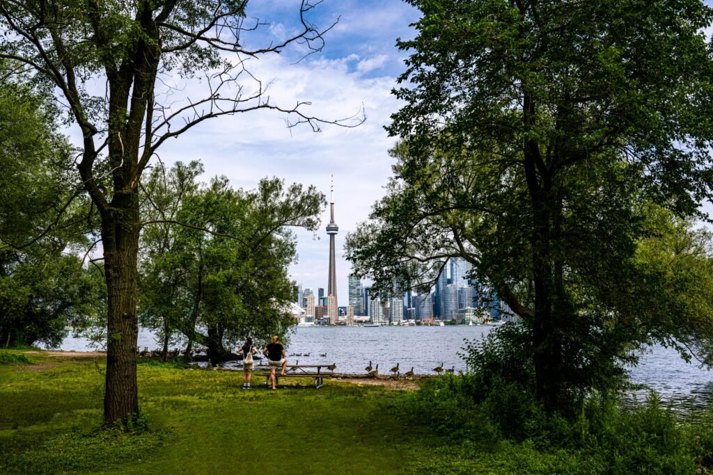 Scenic view of Toronto skyline with CN Tower from Algonquin Island park.